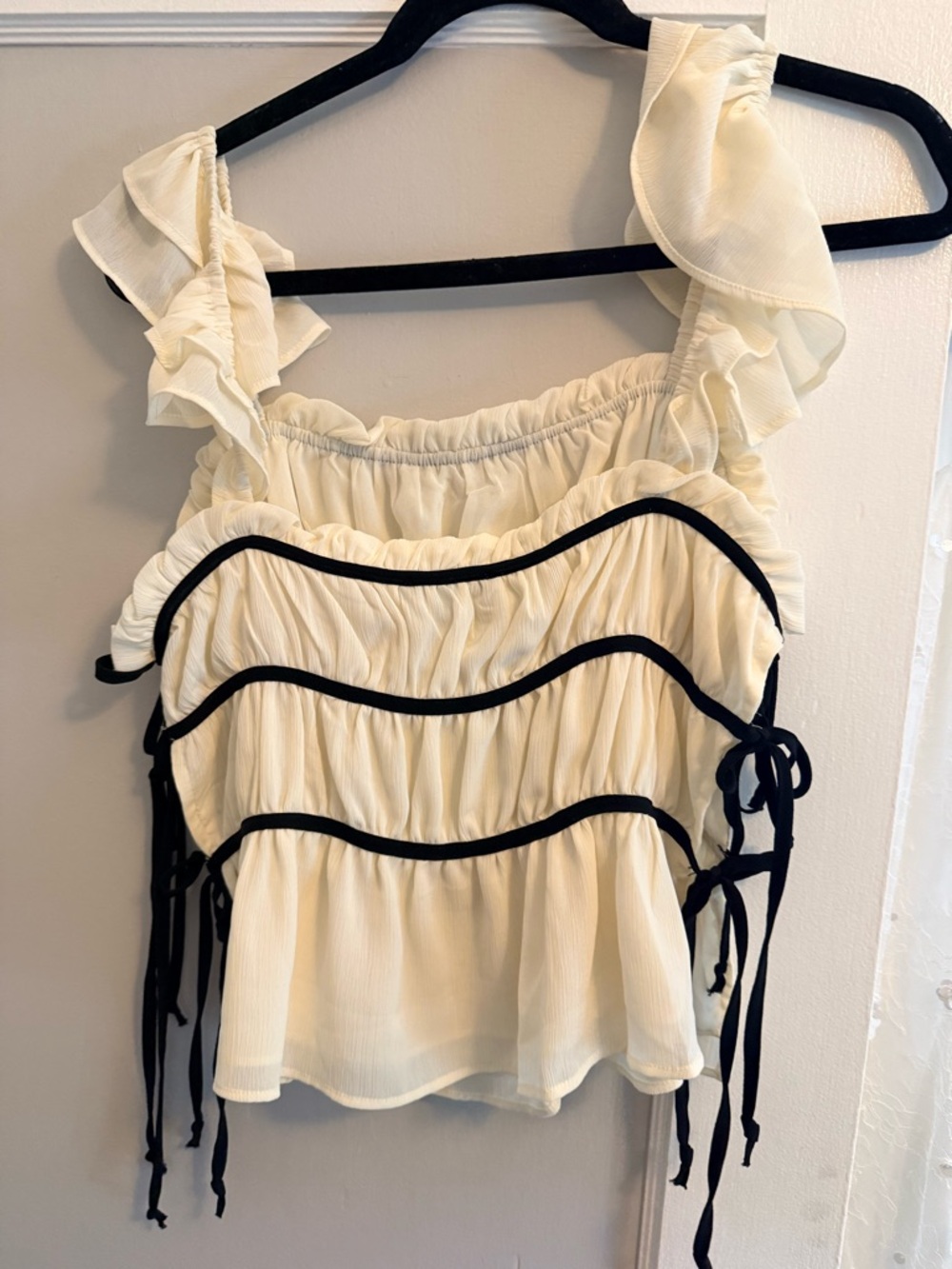Papermoon Cream Ruffle Crop Top with Black Trim